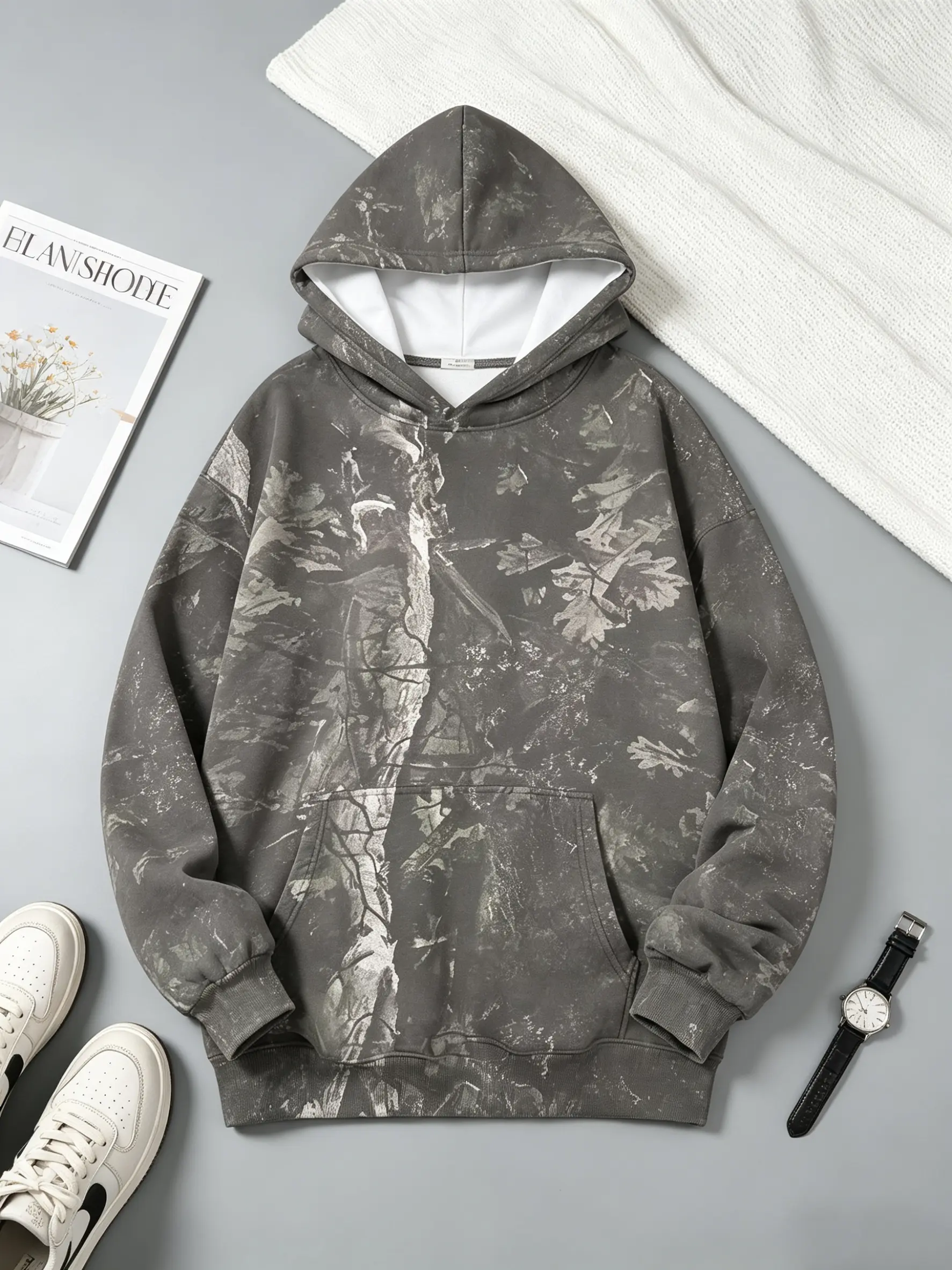 Women's Fall Winter Vintage Fashion Long Sleeve Hoodie, Camo Leaf Branch All over Print, Thick Casual Loose Fit Pullover Sweatshirt