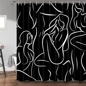 Naked Nude Shower Curtain for Bathroom, Minimalist Art Line Black White Women Modern Aesthetic Decor Bath Curtains, Woman Man Face Shower Curtain Sets with 12 Hooks