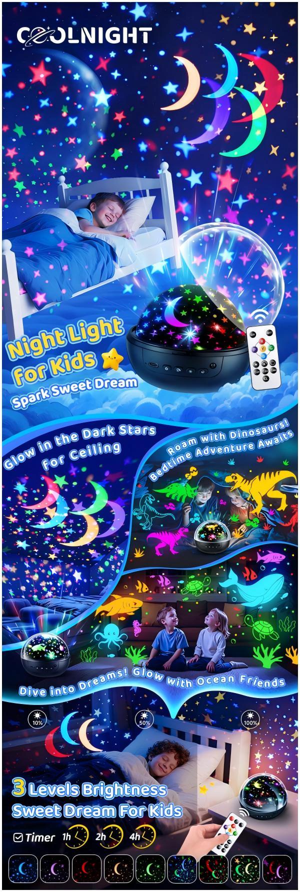 OneFire Night Light for Kids ball 93 Lighting+3 Films Kids Night Light Projector,Remote+Dimmable Star Projector dinosaur toys 360° Ceiling Stars Glow in The Dark Stars
