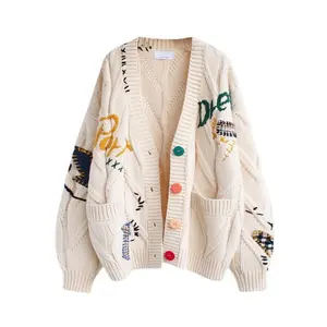 2025 Women's Fashion Lazy Style Embroidered Sweater Autumn and Winter New Letter Design Loose Knit Sweater Coat Trend Womenswear Soft Cozy Fabric Breathable Comfortable Fit Versatile For Daily Wear Outings Fall Winter Loungewear Street Style Looks