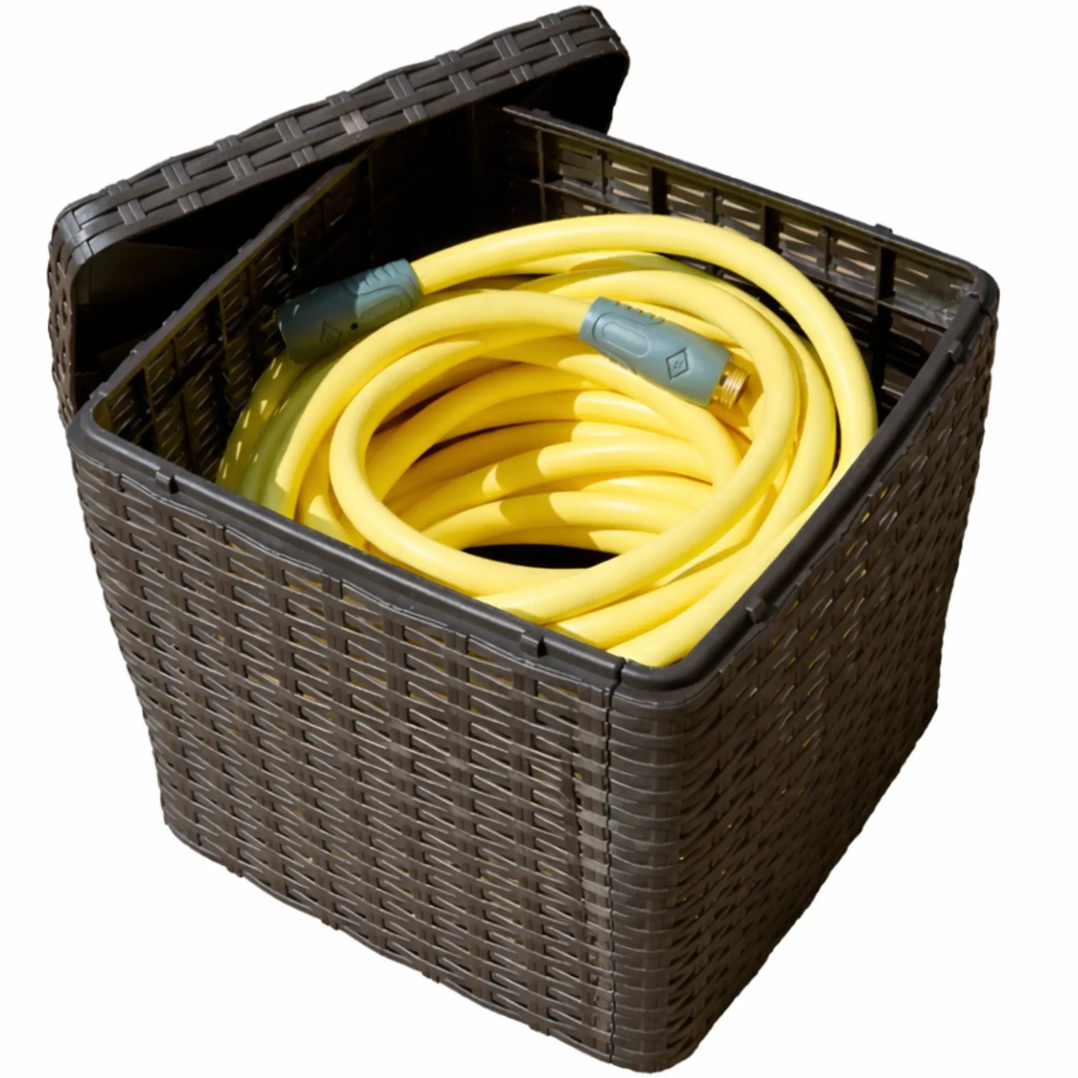 Lightweight Flexible Hose Storage Cubby - Wicker-Look Rust-Proof Outdoor Resin Frame, All-Weather Durable, 200ft Capacity Organizer with Snap Assembly, Tool-Free Setup for Home Improvement, Garden Watering