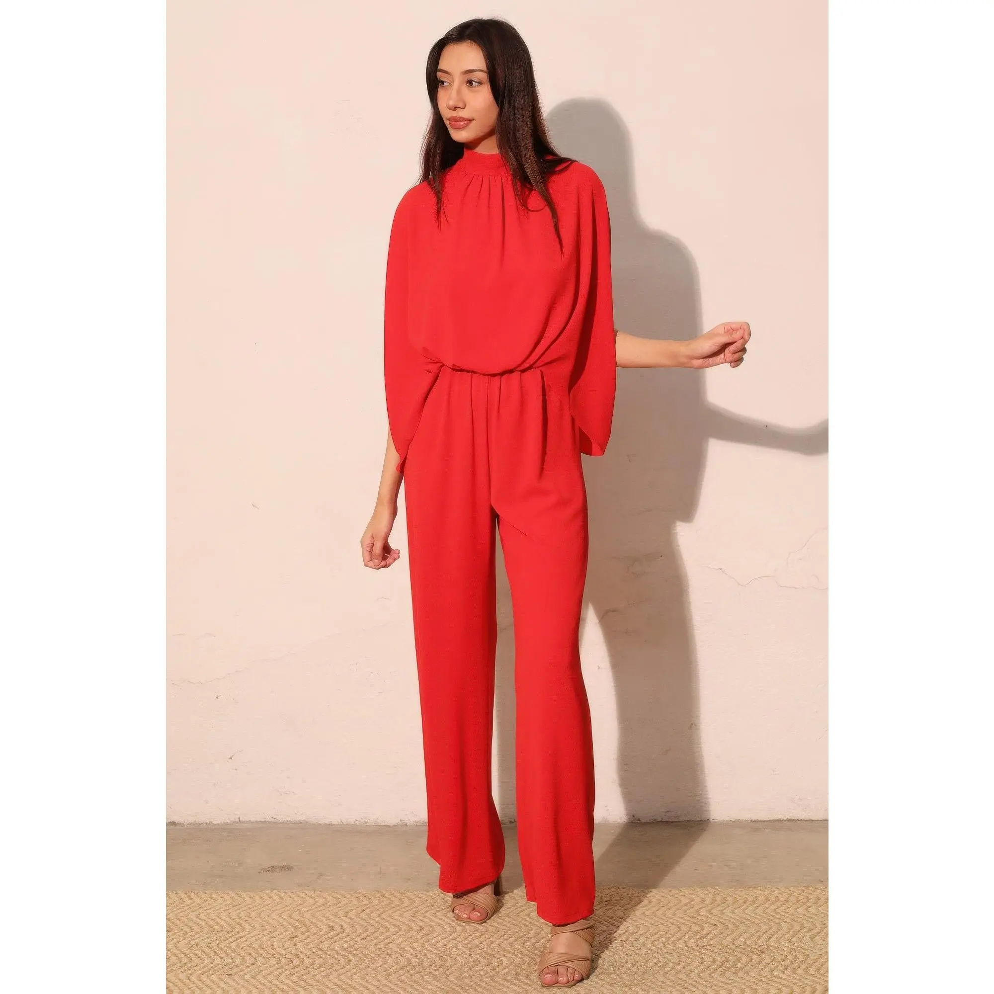 Women's Modest Islamic Caftan Jumpsuit - Chic Polyester Plain Mock Neckline, Loose-Fitting Full-Length Casual Elegant Textured Resort Wear Apparel, All Seasons, Check Size Chart, Textured Design, Multi-Size, Soft Fabric