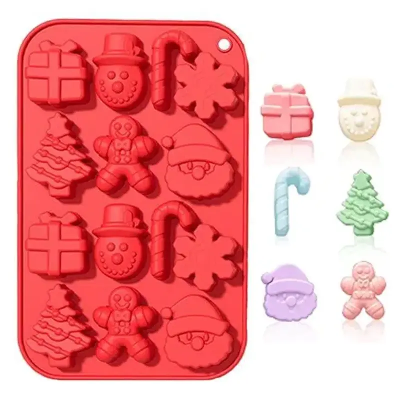 14-Cavity 3D Chocolate Baking Mold, 1 PCS Cute Gingerbread Man & Snowman & Christmas Tree Shaped Chocolate Mold, Baking Mold for Cake Cookie, Candy, Christmas Tree lce Cube,Red