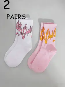 Flame Pattern Mid-Calf Socks, Pack of 2 Pairs, Stylish Casual Footwear, Comfortable Cotton Blend, Perfect for Daily Wear