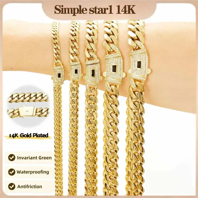 【New Upgrade】14K Gold-Plated Cuban Necklace with Classic Zirconia Inlay Design, Dazzling Miami Cuban Style Combining Tradition and Fashion - Men's Accessories, Beach Essentials, Chains for Men, Available in 6MM-14MM,  cruel     necklace  camera  boyfriend