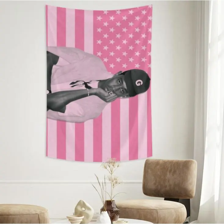 American Flag Themed Decorative Tapestry, Light Cotton Cloth with Pink and White Stars and Stripes Print, Polyester Banner for College Dorm Room and Bedroom Decor