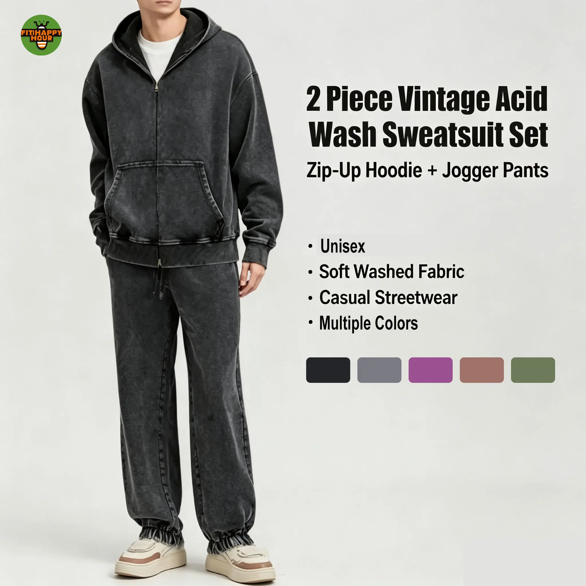 Vintage Washed 2 Piece Tracksuit, Full Zip Hoodie & Elastic Cuffed Jogger Pants, Heavyweight Unisex Casual Streetwear Matching Set