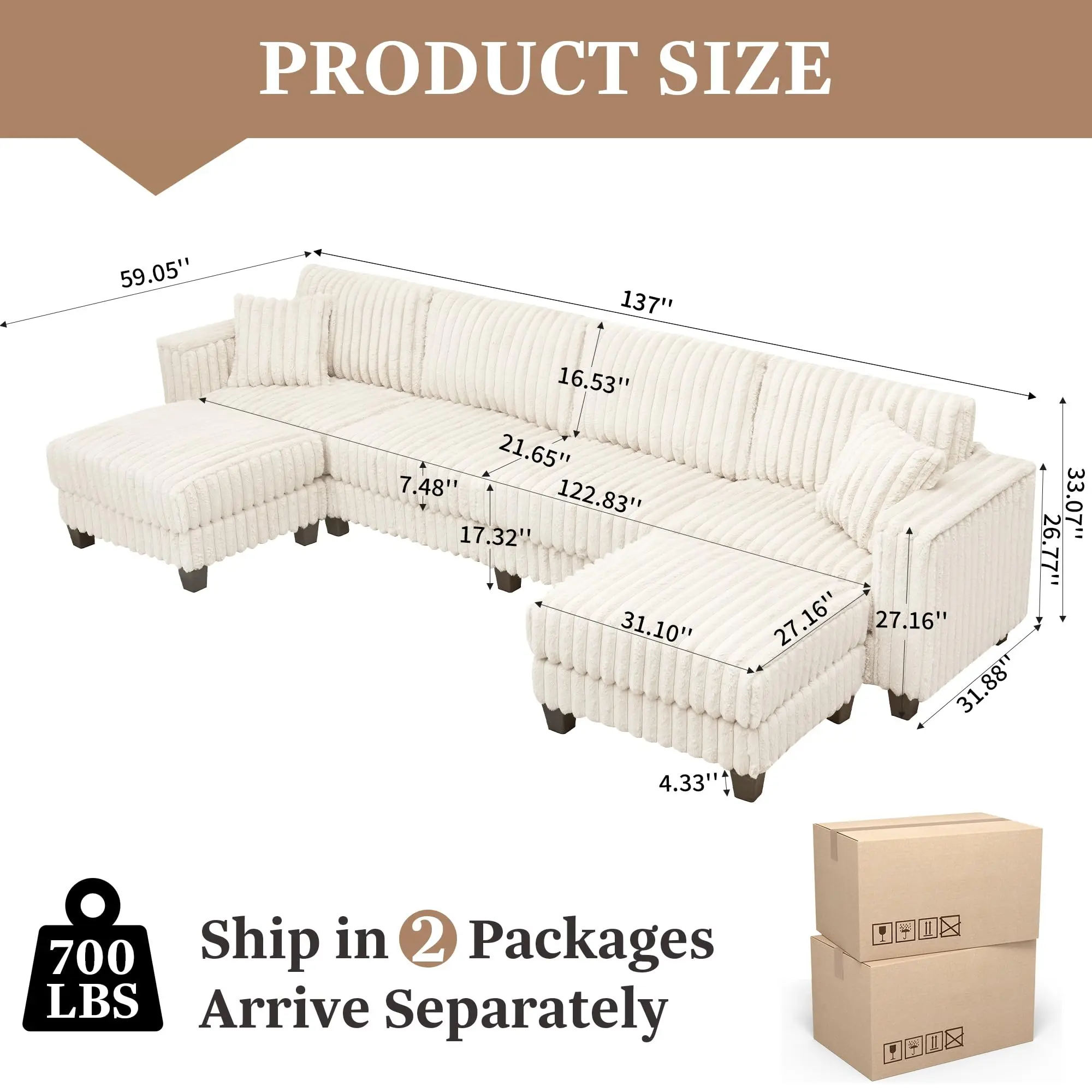 White Plush Corduroy U Shape Sofa
