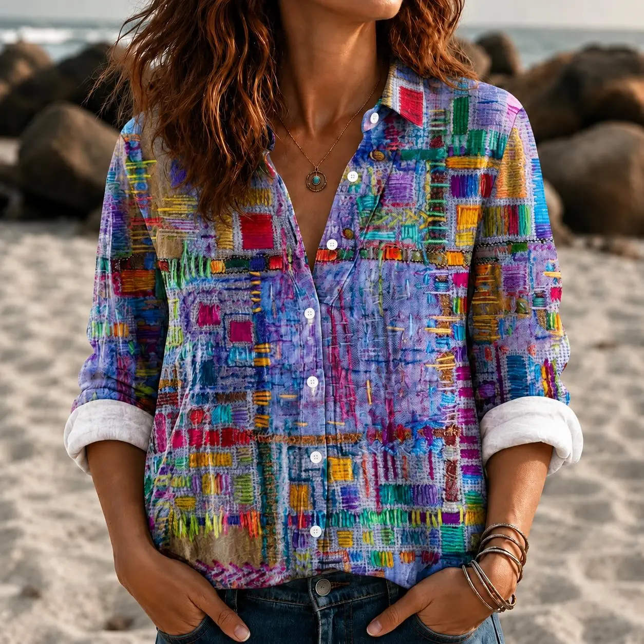 Boho Patchwork Women's Shirt | Multi-Color Geometric Abstract Print Blouse | Long Sleeve Button-Up Top | Unique Hippie Folk Art Tunic