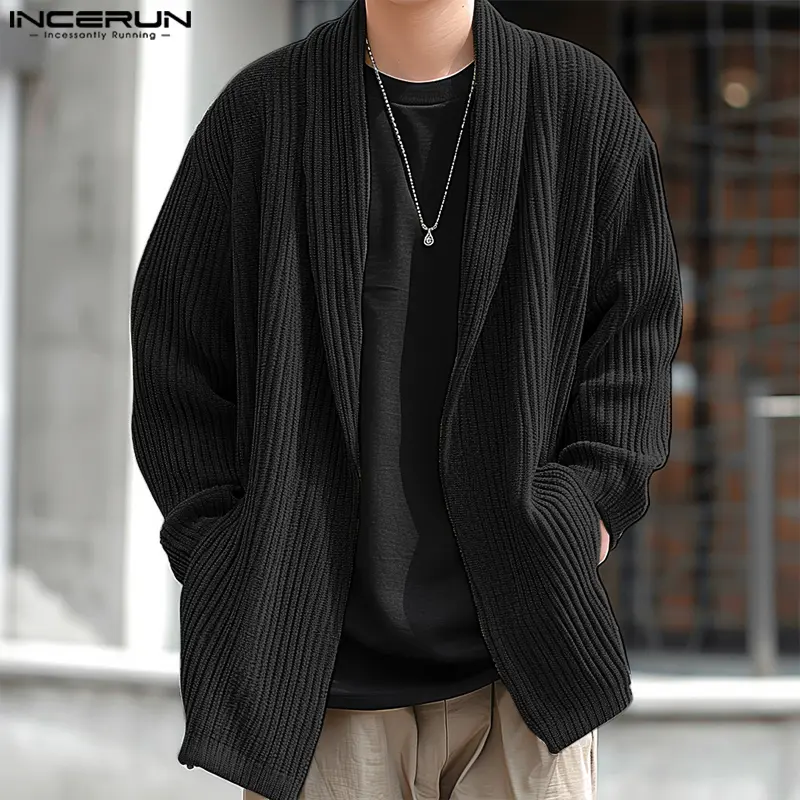 INCERUN Men's Casual Textured Knit Cardigan Jacket, Solid Color Long Sleeve Polyester Leisurewear Tops, Knitwear, Longsleeves, Basics