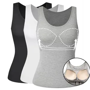 3/2/1 Pack Women's Summer Tank Top with Built In Shelf Bra Wide Strap Camisole Basic Soft Comfortable Padded Cami Tank for Yoga Daily Wear, Scoop Neck Casual Sleeveless Shirt Womenswear Minimalist Lightweight Spandex Black