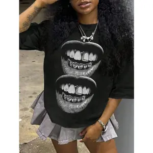 Mens Graphic Short Sleeve T Shirt Black Streetwear Grunge Punk Lips Teeth Grill Print Soft Cotton Crewneck Casual Summer Outfit