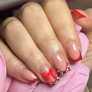 Red Press on Nails Short - Square Fake Nails with Leopard Print Design - French Tip False Nails Press ons - for Women Christmas Manicure 24Pcs