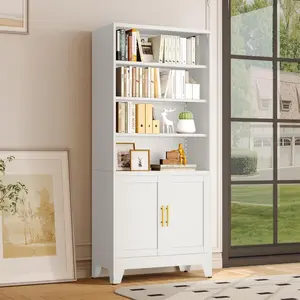 71" H Tall Metal Bookcases and Bookshelves 6-Tier Open Display Shelf, Tall Storage Cabinet Industrial Bookshelf with 2 Doors and Adjustable Shelves，Decor Furniture for Living Room, Bedroom
