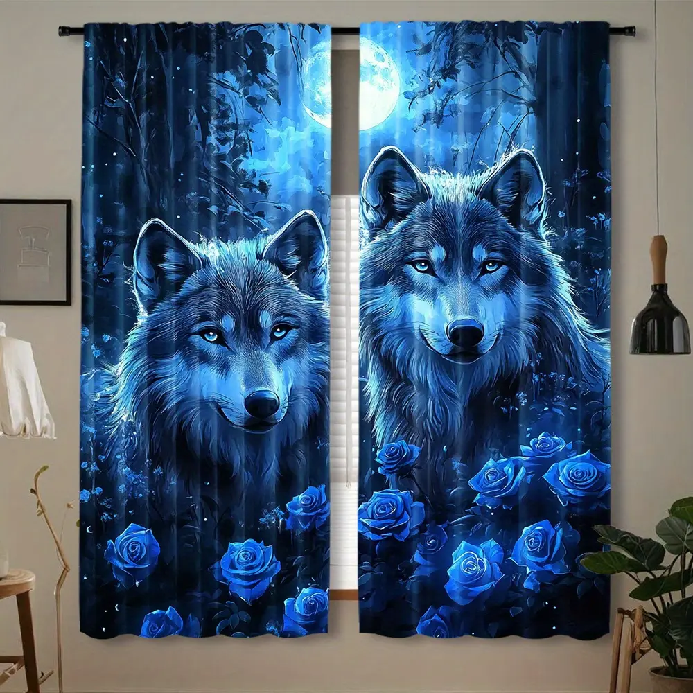 2 Pieces Mysterious Wolf Print Polyester Fiber Curtains - Semi-Transparent, Machine Washable Curtains, Featuring Howling Wolf and Blue Rose Design, Suitable for Bedroom, Living Room, Kitchen or Office Decoration, Bedroom Curtains