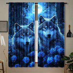 2 Pieces Mysterious Wolf Print Polyester Fiber Curtains - Semi-Transparent, Machine Washable Curtains, Featuring Howling Wolf and Blue Rose Design, Suitable for Bedroom, Living Room, Kitchen or Office Decoration, Bedroom Curtains