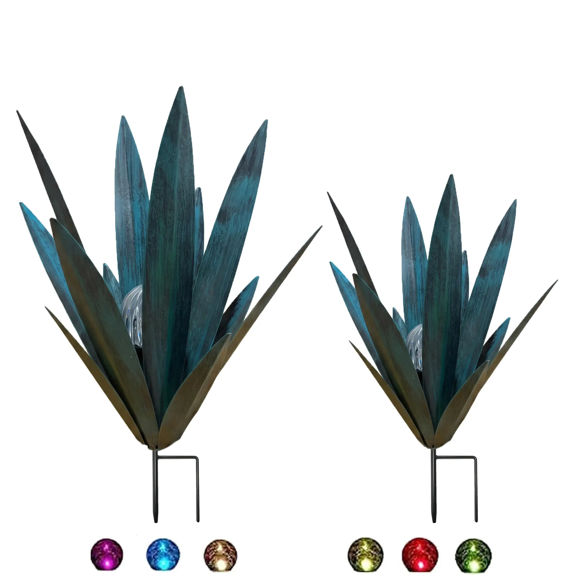 2-Pack Solar Metal Agave Plant Sculptures, Rustic Tequila Agave Yard Stakes with LED Lights, Waterproof Outdoor Garden Pathway Decor Ornaments