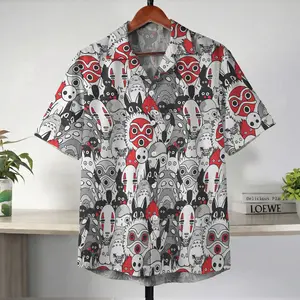 Studio Ghibli All Characters Hawaiian Shirt - Totoro, No-Face, Kodama, Princess Mononoke Mask Print Aloha Shirt - Stylish Short Sleeve Button Up for Anime Fans, Summer & Casual Resort Wear