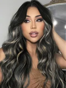 13×4 Lace Front Body Wave Wig, Black Highlight Synthetic Wavy Hair, Daily and Party Use, Gift for Her.