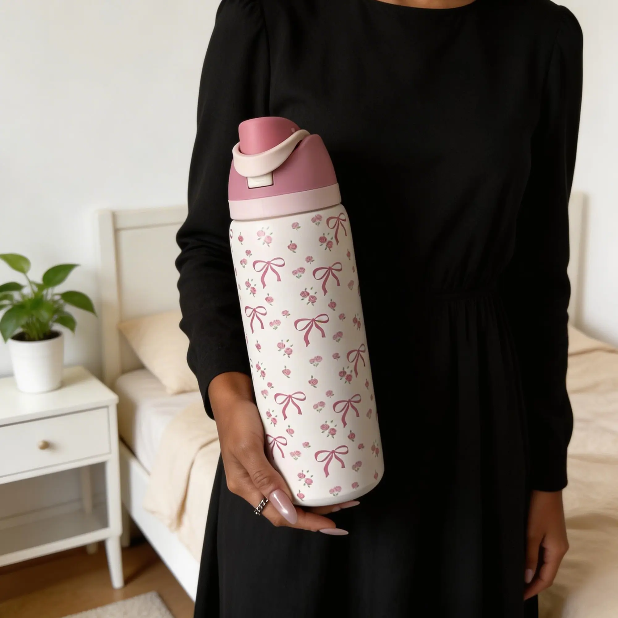 Rose Bowknot Stainless Steel Insulated Cup, 24oz/32oz/40oz, Dual Layer Cold Retention, Includes Straw, Travel Mug, Outdoor Sports Bottle, Tumbler