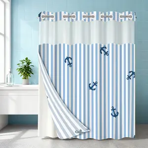 1PC double-layer large ring shower curtain, blue and white striped with anchor pattern, shower curtain, high-end quick drying hanging curtain, bathroom, curtain, waterproof, anti mold curtain, Bathroom Decoration Accessories