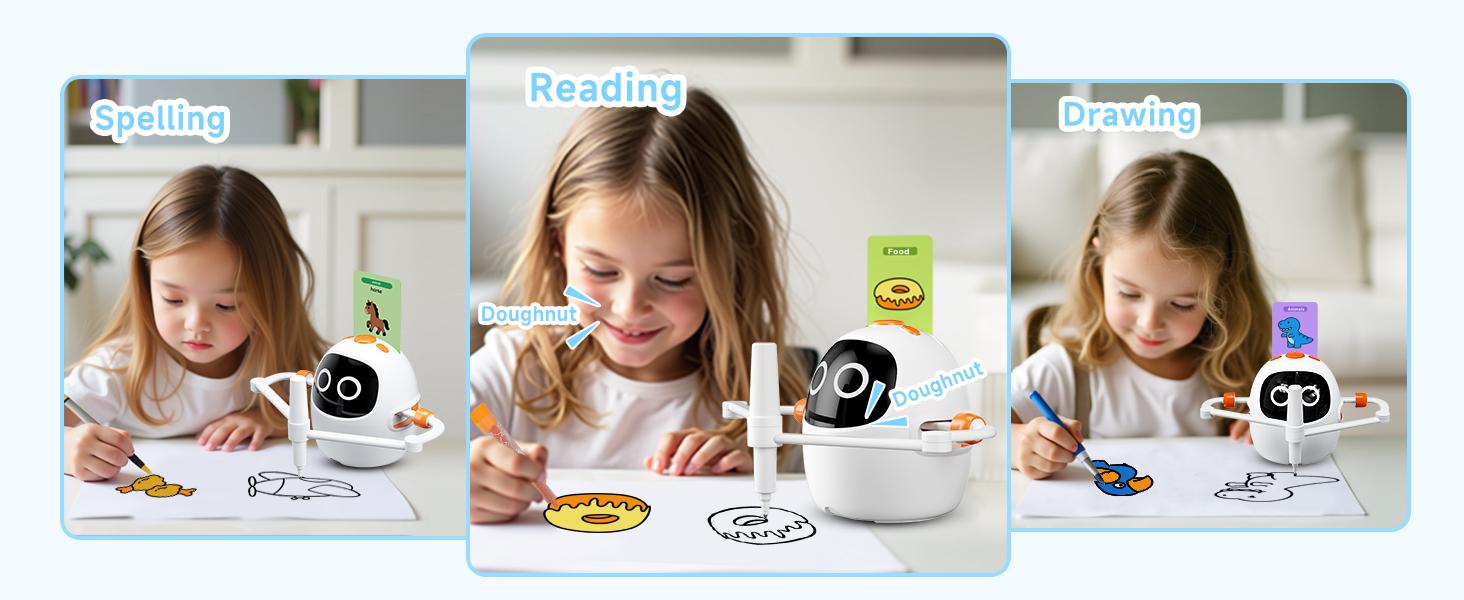 Drawing Robot for Kids, Montessori Painting Learning Toys, Voice Interactive Educational Drawing Machine with 220 Word Cards for 3 4 5 6 7 8 Year Old Boys Girls Gift