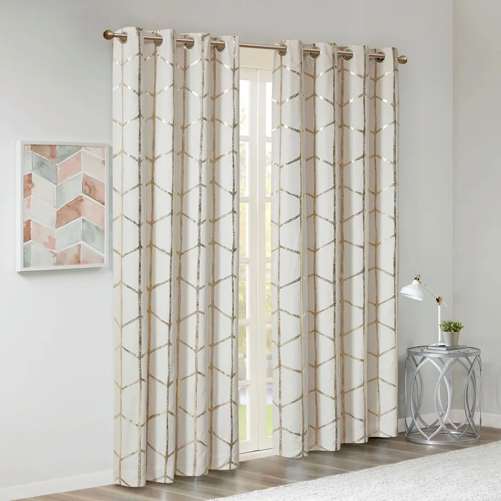 Single Grommet Top Curtain Panel with Total Blackout and Metallic Foil Print, Room Darkening Thermal Insulated Window Drape for Bedroom or Living Room, 1 Panel