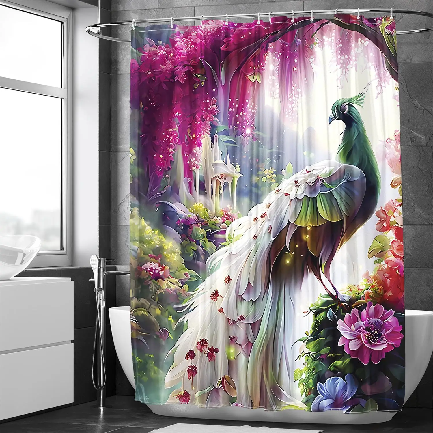 Peacock Print Bath Curtain with Hooks, 1 Count Modern Waterproof Shower Curtain with 1 Count Random Color Curtain Strap, Bathroom Accessories for Deco