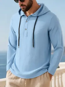 Men's Cotton Linen Hooded Henry Neck Long Sleeve Shirt, Casual Fashion Top for Daily Wear, Comfortable and Stylish Clothing