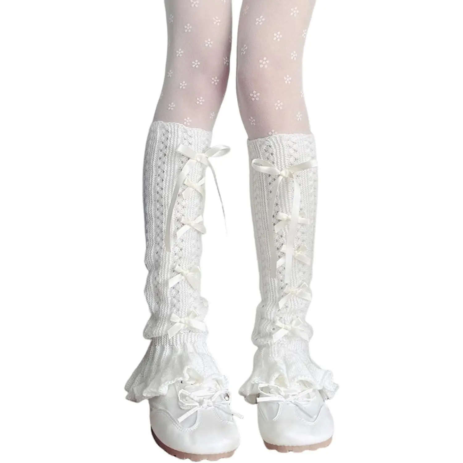 Girl's Cute Knit Leg Warmers Kawaii Bowknot Ruffled Trim Knee High Leg Sleeve Socks Women