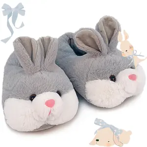 Cute Classic Bunny Slippers for Women Funny Animal Novelty Slippers for Adults Plush Rabbit Bedroom Slippers Grey Girl Footwear