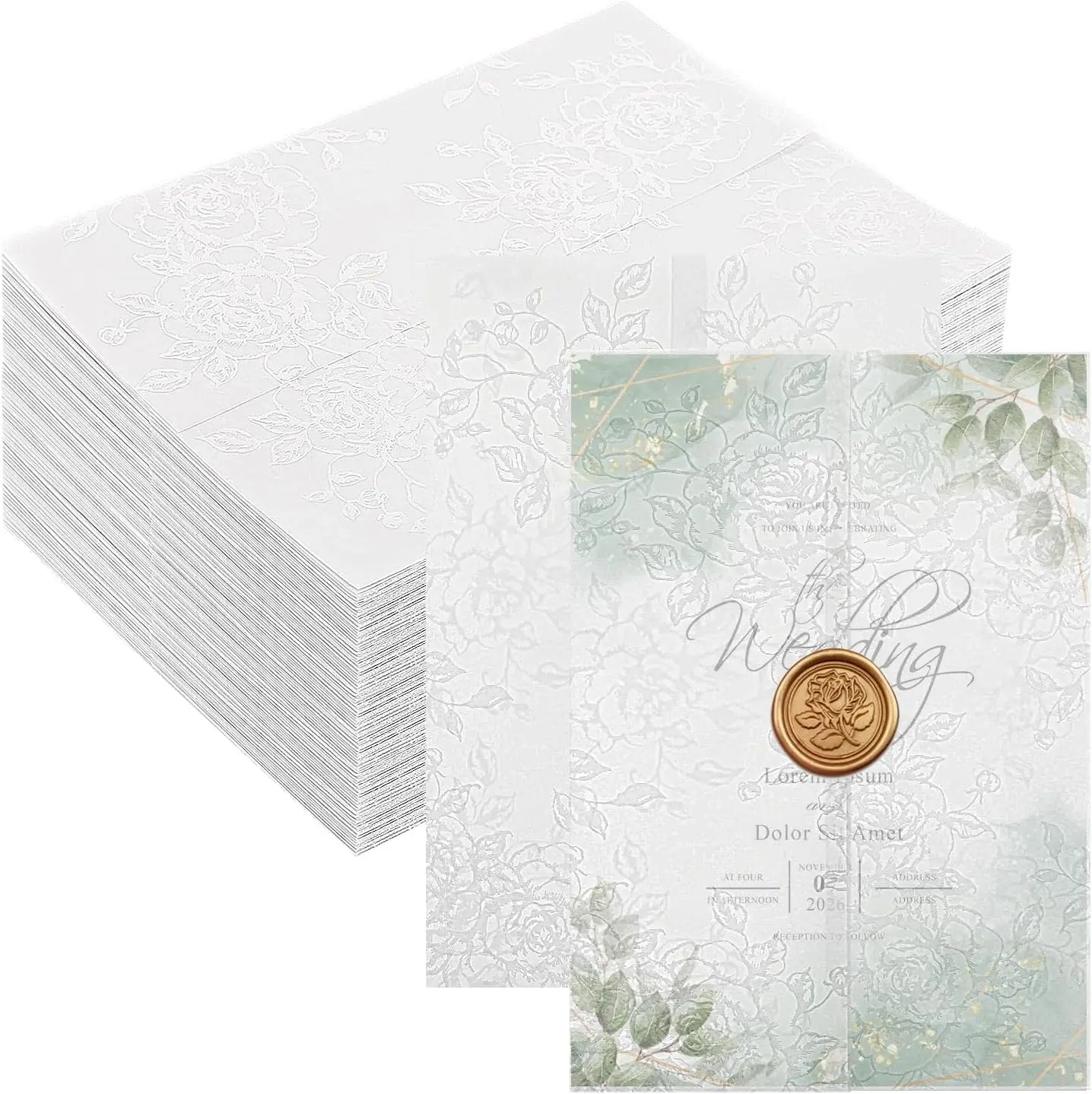 Prudiut 60 Pack Floral Vellum Jackets for 5x7 Invitations, Pre-Folded 115GSM Translucent Paper, Thick Vellum Paper Wraps for Wedding Invitation Baby Bridal Shower Birthday Party Events