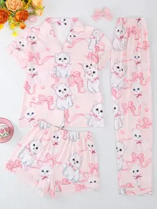 Women's Sleepwear Set, Button Front Short Sleeve Top & Loose Comfortable Shorts/pants, Casual Bow Cat Pattern, All Seasons Wear