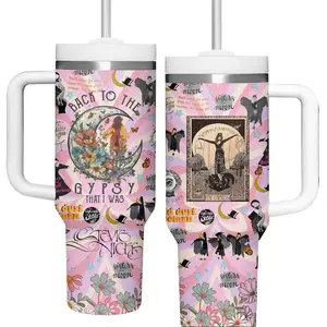 Stevie Nicks Inspired 40oz Tumbler with Handle, Vintage Rock Music Aesthetic Cup, Fleetwood Mac Style Travel Mug, Boho Witchy Vibes Fan Gift, Classic 70s Singer Theme Stainless Steel Tumbler, Reusable Hot Cold Drinkware
