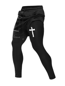 Men's High Elasticity Fitted Sport Pants, Casual Running Gym Yoga Basketball Pants, Fashion Comfortable Two-Piece Design Long Pants