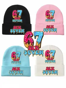 1 knitted beanie with 67-sixseven print, a warm hat suitable for teenagers, adults, and students, fashionable and nice-looking,