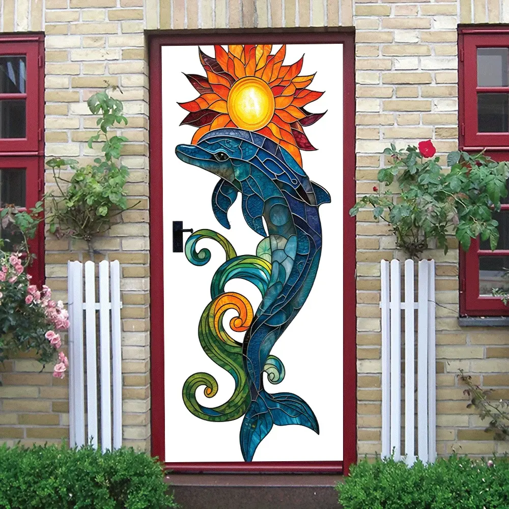 2pcs Stained Glass Style Dolphin Wall Sticker with Sun and Wave Patterns, Self-Adhesive PVC Decorative Decal for Home Living Room Bedroom Window Door Wall, Ocean Theme Art Decoration for Modern Min