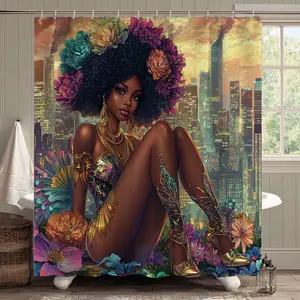 1pc/4pc African Style Women & City Floral Decorative Shower Curtain Set, Includes Non-Slip Mat, Toilet Lid Cover, Bath Mats, 12 Plastic Hooks