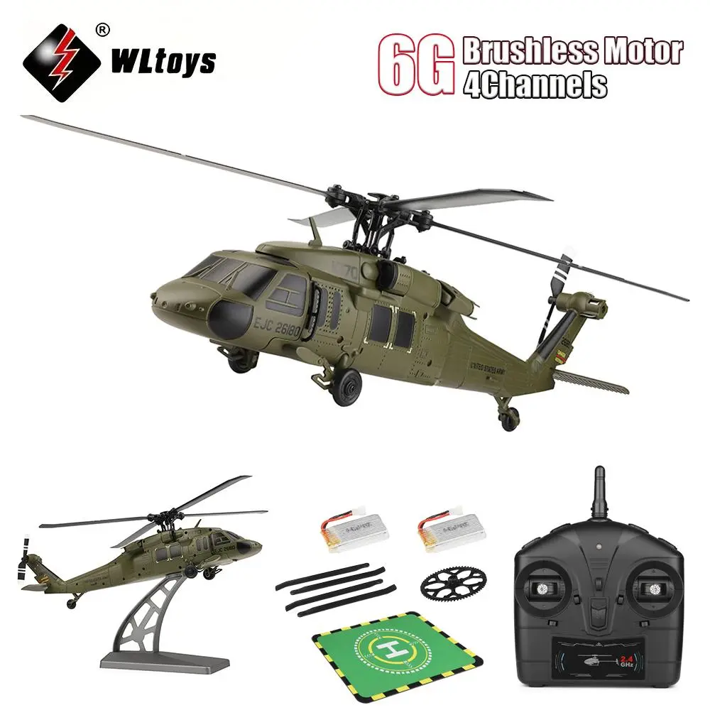 WL K170 RC Helicopter, 2.4G 4CH Flybarless 6-Axis Gyroscope Altitude Hovering RC Military Helicopter with Display Stand and Apron Takeoff Landing Pads (RTF Version)