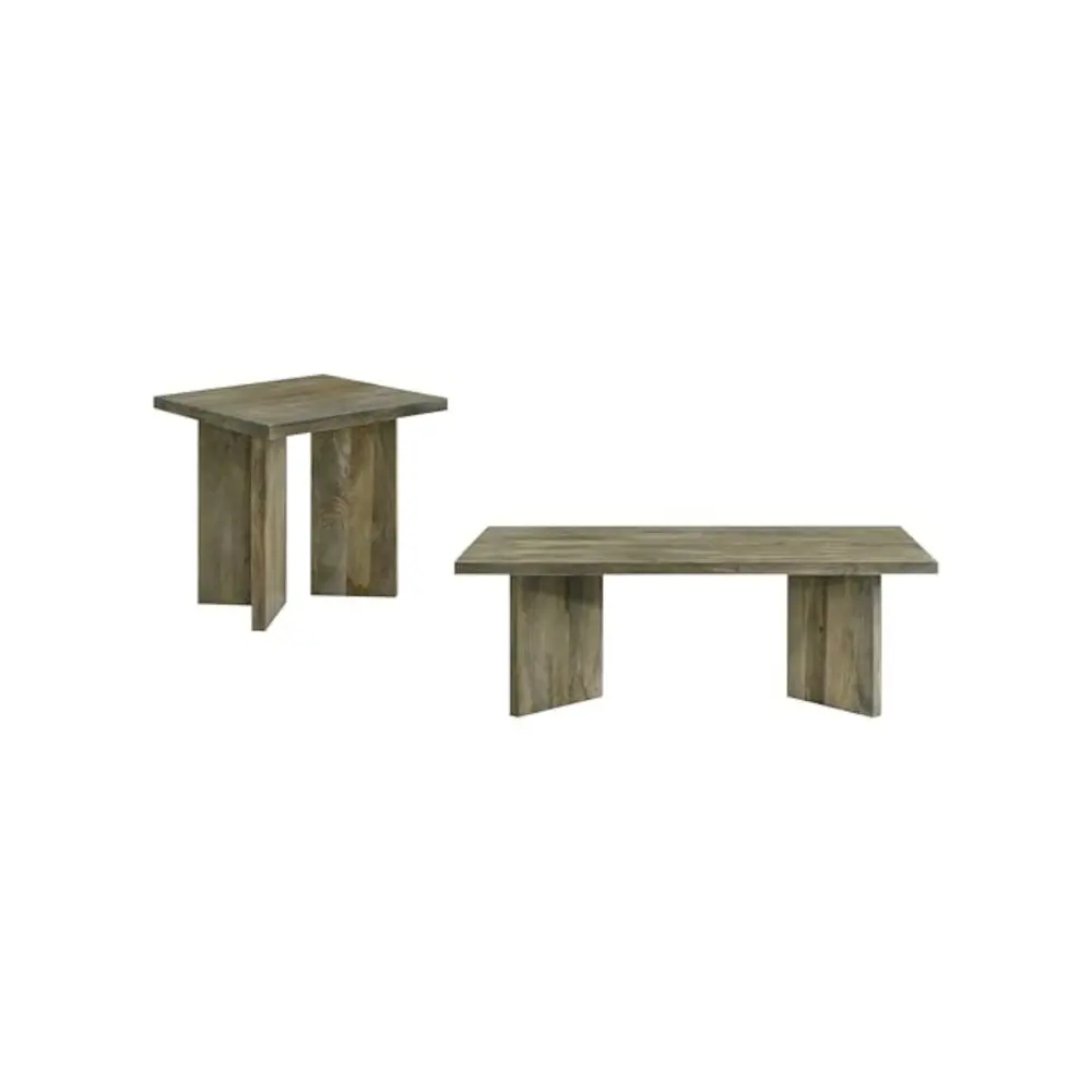 Minimalist 2-Piece Solid Wood Living Room Furniture Set - Rustic Traditional Andando Coffee Table with End Table, Mango Brown Indoor Furniture, Sturdy Planks, Spacious Surfaces, Natural Grain, Modern Design