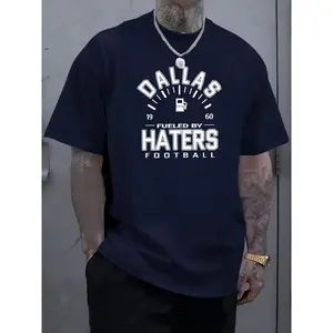 Men's Casual Crew Neck Short Sleeve T-Shirt - Dallas Fueled by Haters Football Graphic Tee, White with Black Print, Lightweight & Breathable Fabric, Perfect for Summer Style, Sporty Fan Apparel | Bold Geometric Design | Comfortable Fit Shirt, Sports T Shi