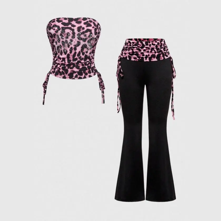 Women Y2K Pink Leopard Rhinestone Strapless Top Ruched Drawstring Flare Pants Two Piece Outfit