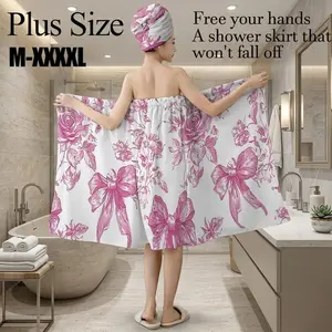 2 Pcs Elegant Pink Sketch Rose & Bow Print Bath Wrap Towel Set, Plus Size M‑XXXXL, Non‑Slip Absorbent Shower Skirt, Multi‑Use for Spa, Beach & Mother's Day Holiday Gifting, Beach Towels