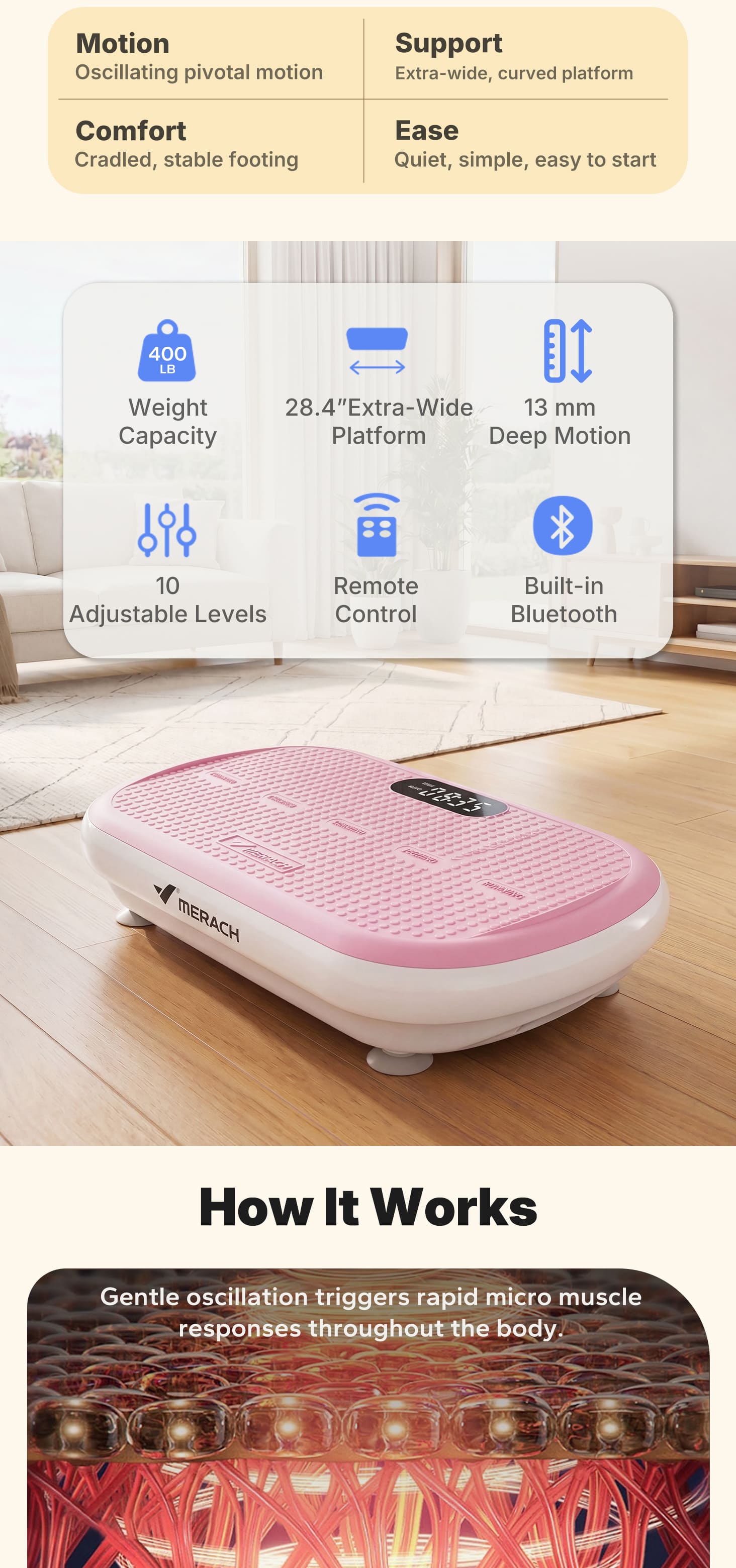 Merach High-Power Vibration Plate Exercise Machine,440lbs Weight Capacity, Bluetooth Remote Control, 4 Workout Modes for Home Gym Fitness Equipment Summervibes