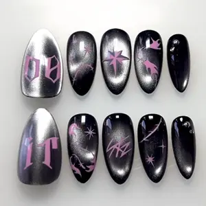 24-Piece Boxed Croc Heart Nails, Blackpink Concert Fan Nails, Jennie Style Wearable Nails, Handmade Cat Eye Design, Glittering Fake Nails