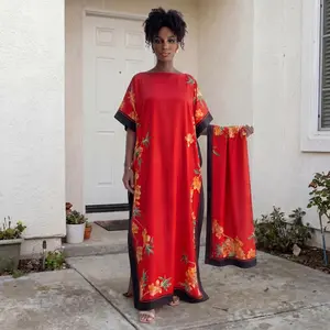 Moo Moo Kaftan Set With Matching Hijab, Vibrant Bright Red Orange Floral Print Glossy Satin, Silky Loose Side Split Maxi Dress, Elegant Festive Modest Outfit For Party Holiday Wedding Daily Summer Beach Wear