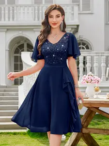 MIUSOL 24235 Women's Sequin Lace V Neck Ruffle Style Chiffon A-line Cocktail Party Dress