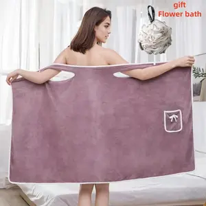 Women's bath towel, wearable bath towel with pocket, ultra-soft adjustable bathrobe, ideal for bathroom, beach, and swimming changing, coral fleece bath dress, multifunctional bath towel + shower loofah