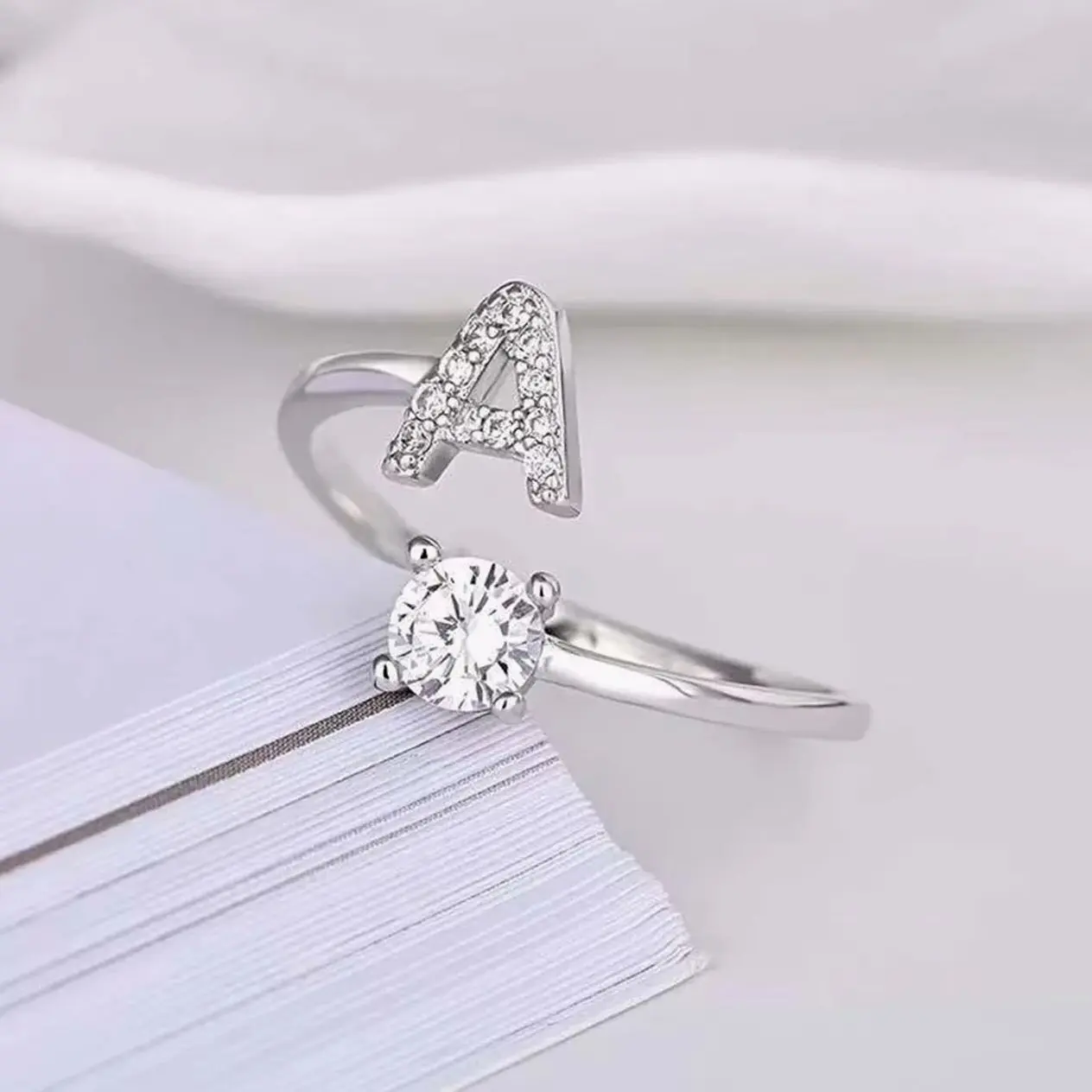 Adjustable Initial Ring, Stainless Steel Zircon Letter Jewelry for Couple Wedding Bands