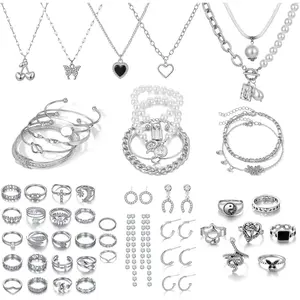 53 count(8 PACK)  Plated  Set with 6 Necklace 11 Ankle Bracelet 30 Kunckle Ring 6 Pair Earring hoop  Boho  for Women Birthday Travel Holiday